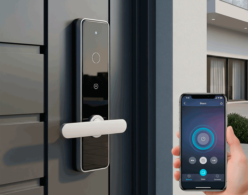 Interfaz de una aplicación móvil mostrando el estado de seguridad de una casa inteligente, incluyendo la cerradura