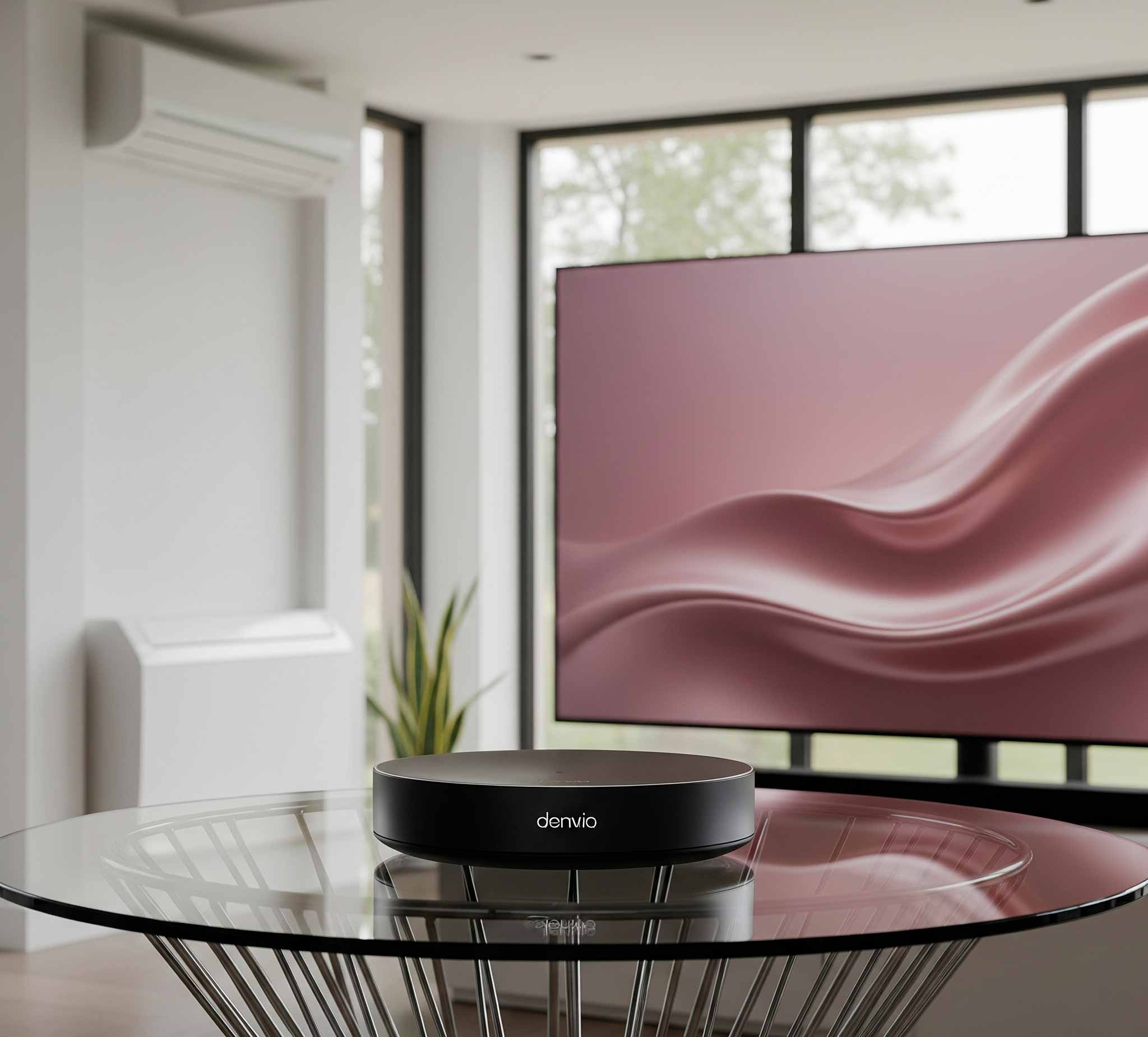 Un controlador universal IR/RF en una mesa de centro, apuntando a un televisor, aire acondicionado y sistema de sonido