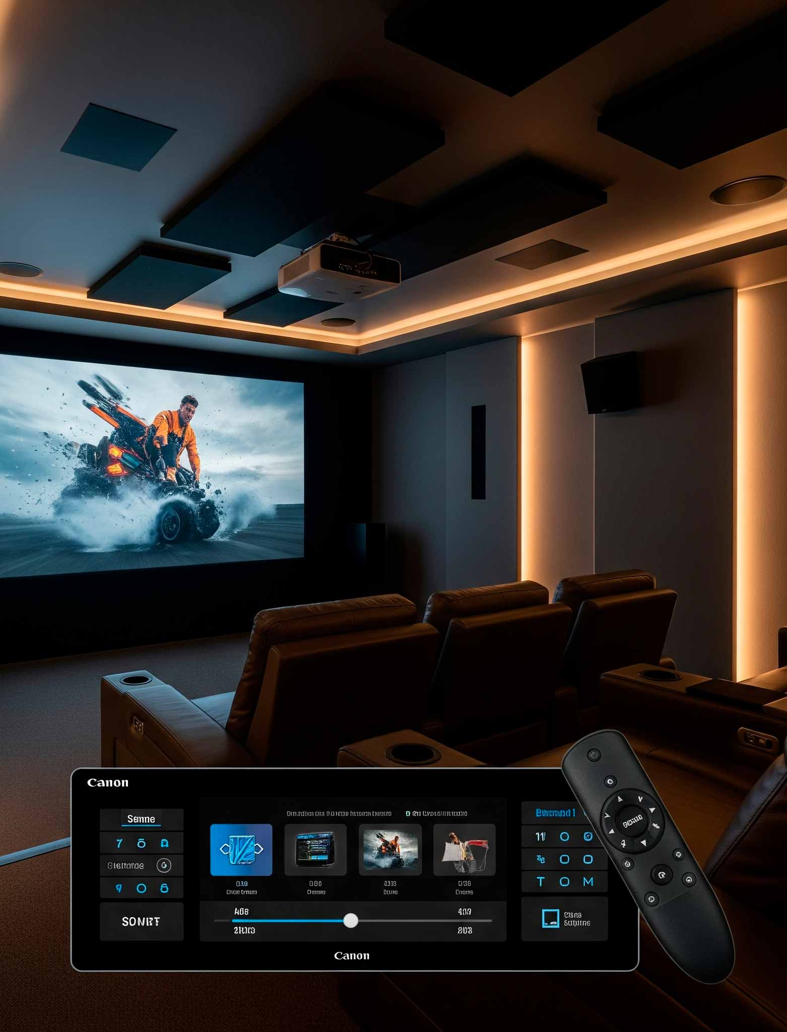 Una sala de cine en casa con la pantalla encendida y luces ambientales, controlada por un sistema domótico