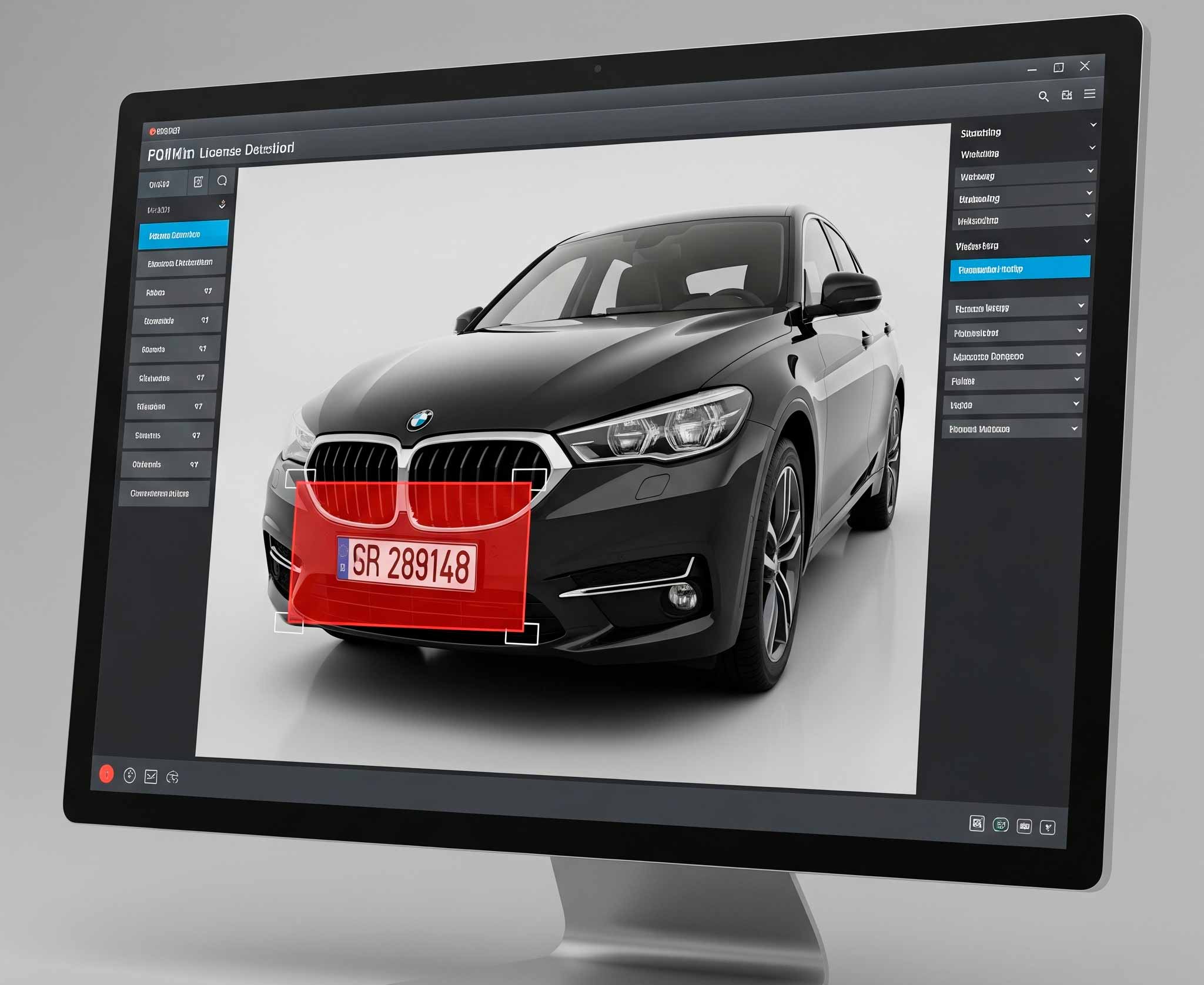 sistema deteccion de matriculas en un auto nuevo con la deteccion de matricula en un rectangulo rojo vista desde una computadora tecnologica