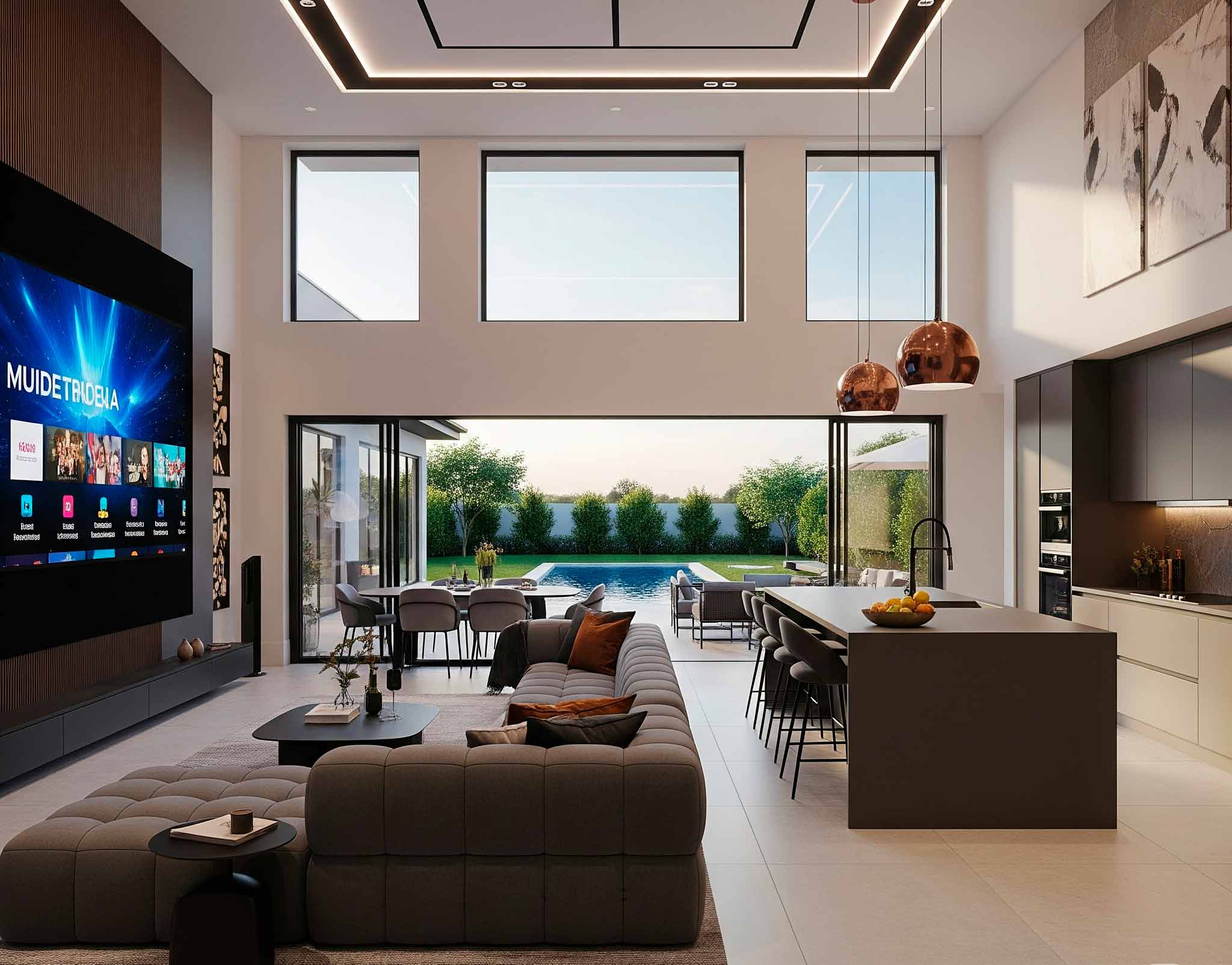 Vista panorámica de una sala de estar y cocina modernas e integradas tecnológicamente