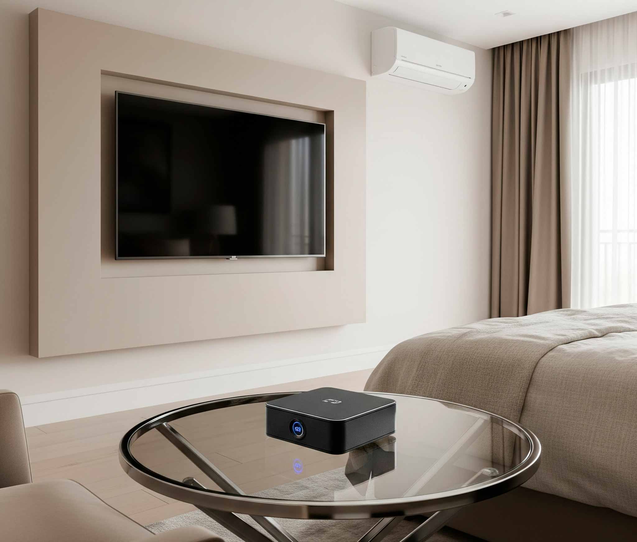 Un moderno ventilador de techo en una habitación elegante, integrado en un sistema de casa inteligente